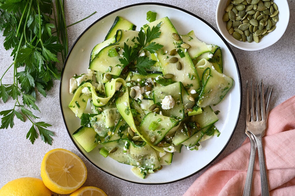Zucchini and cucumber ribbon salad recipe with feta and sunflower seeds