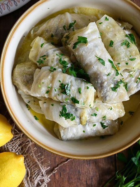 Greek cabbage rolls (lahanodolmades) with zucchini and rice