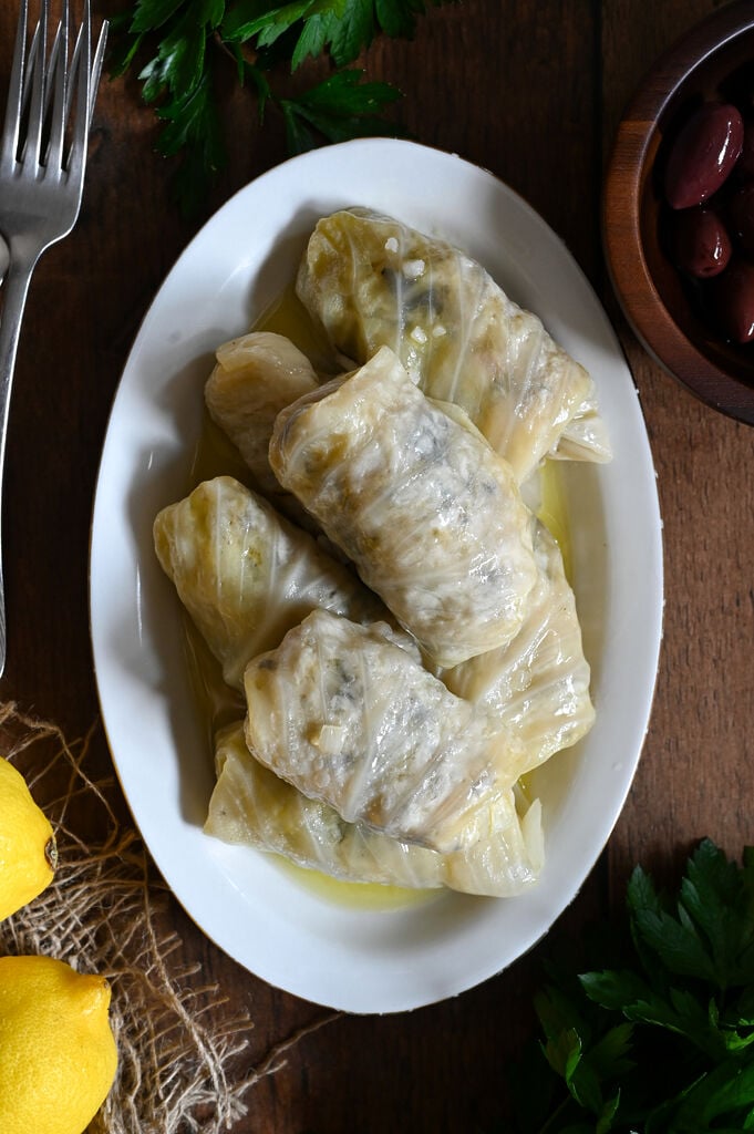 Greek cabbage rolls (lahanodolmades) with zucchini and rice