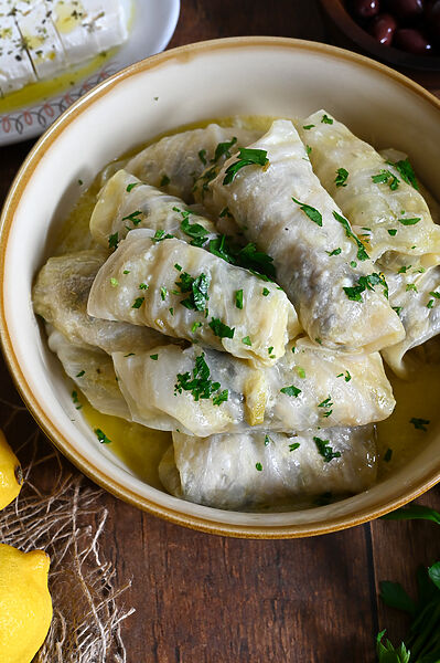 Greek cabbage rolls (lahanodolmades) with zucchini and rice