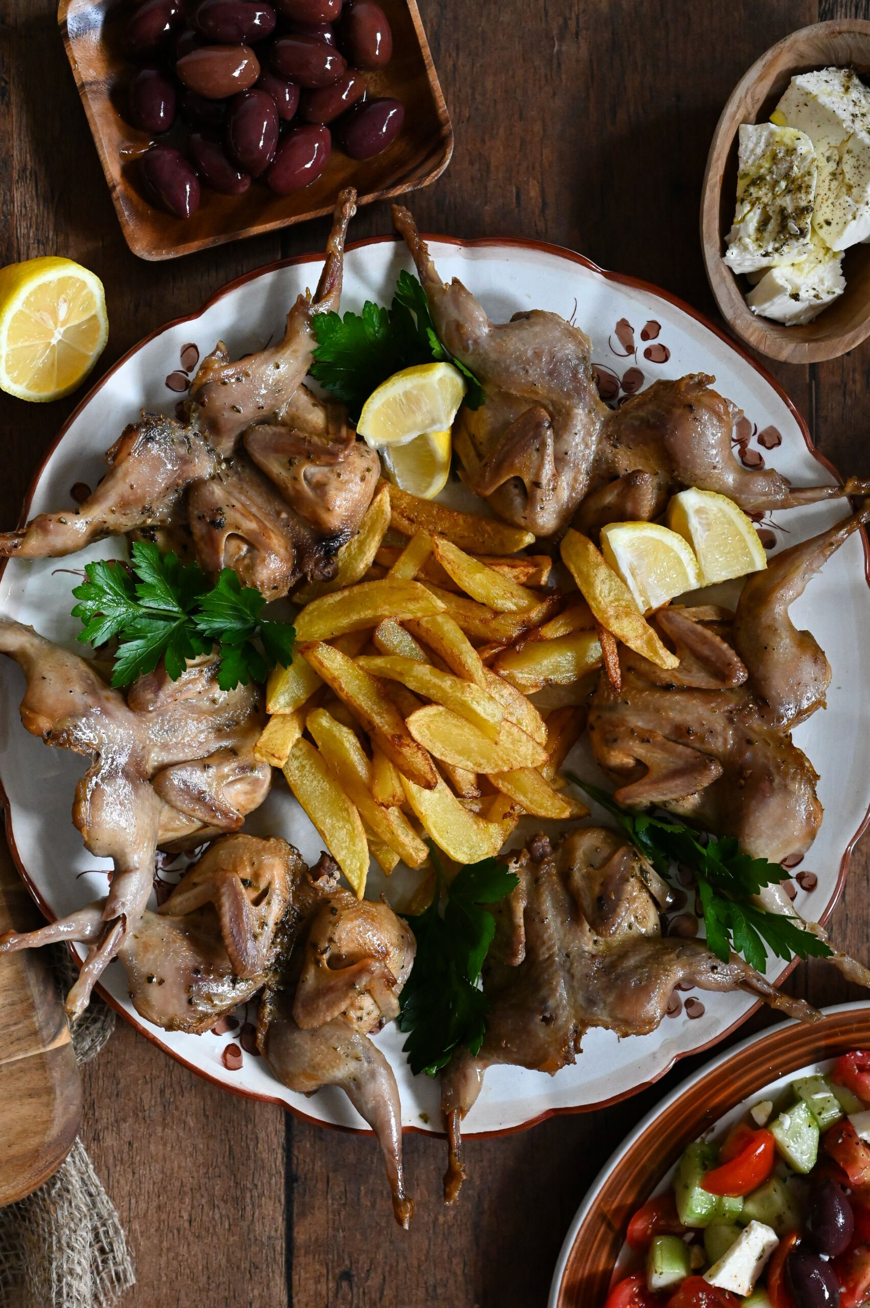 Fried Quails with French Fries Mia Kouppa, Greek recipes