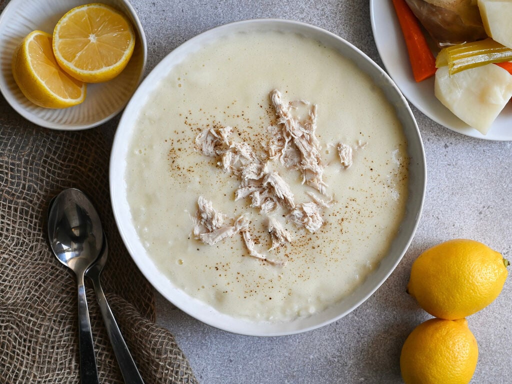 Avgolemono (egg and lemon) soup with chicken