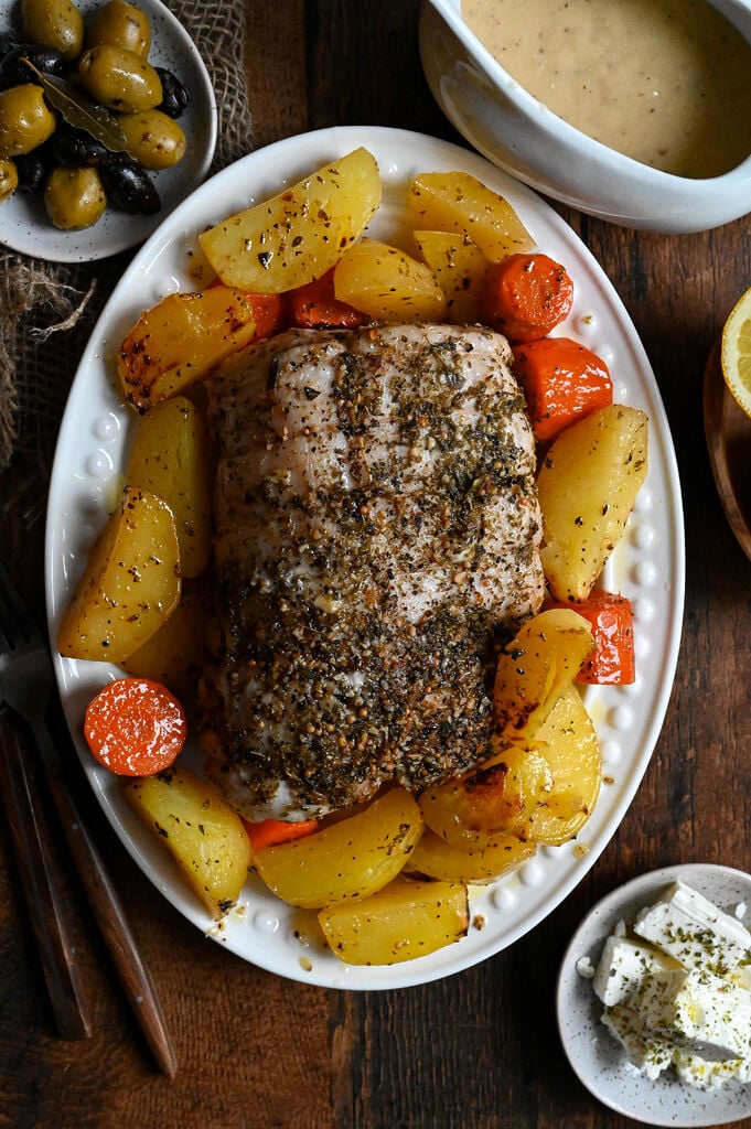 Pork roast with Greek roasted potatoes