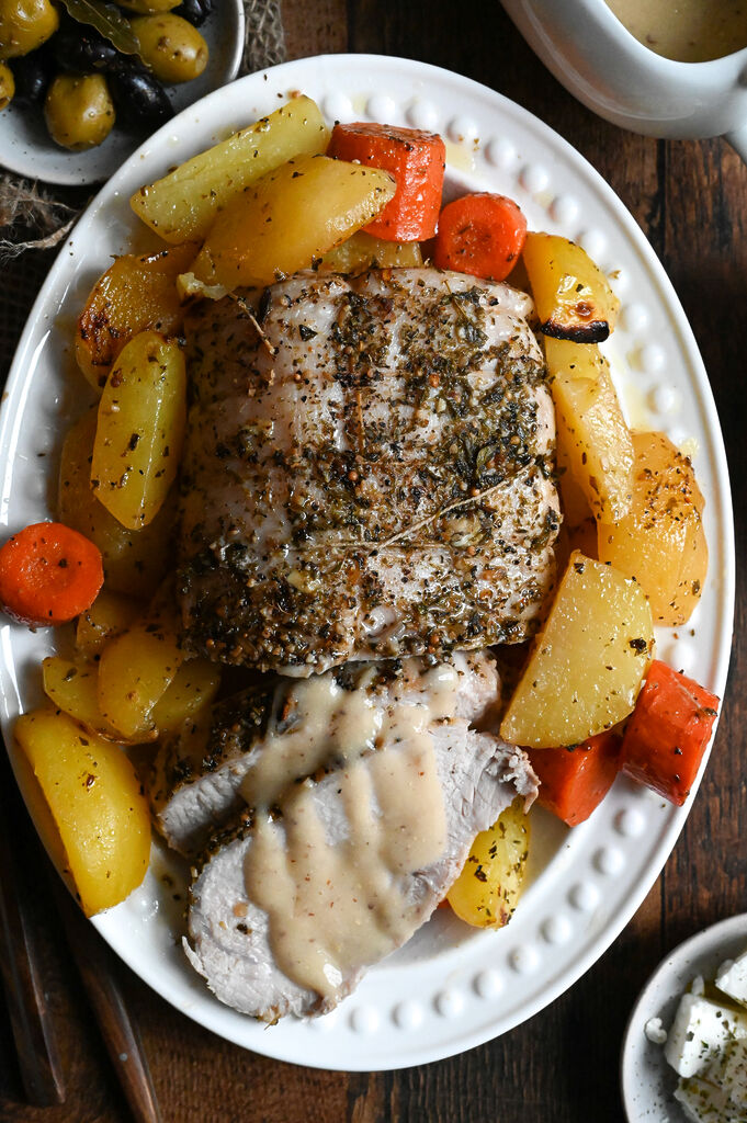 Pork roast with Greek roasted potatoes
