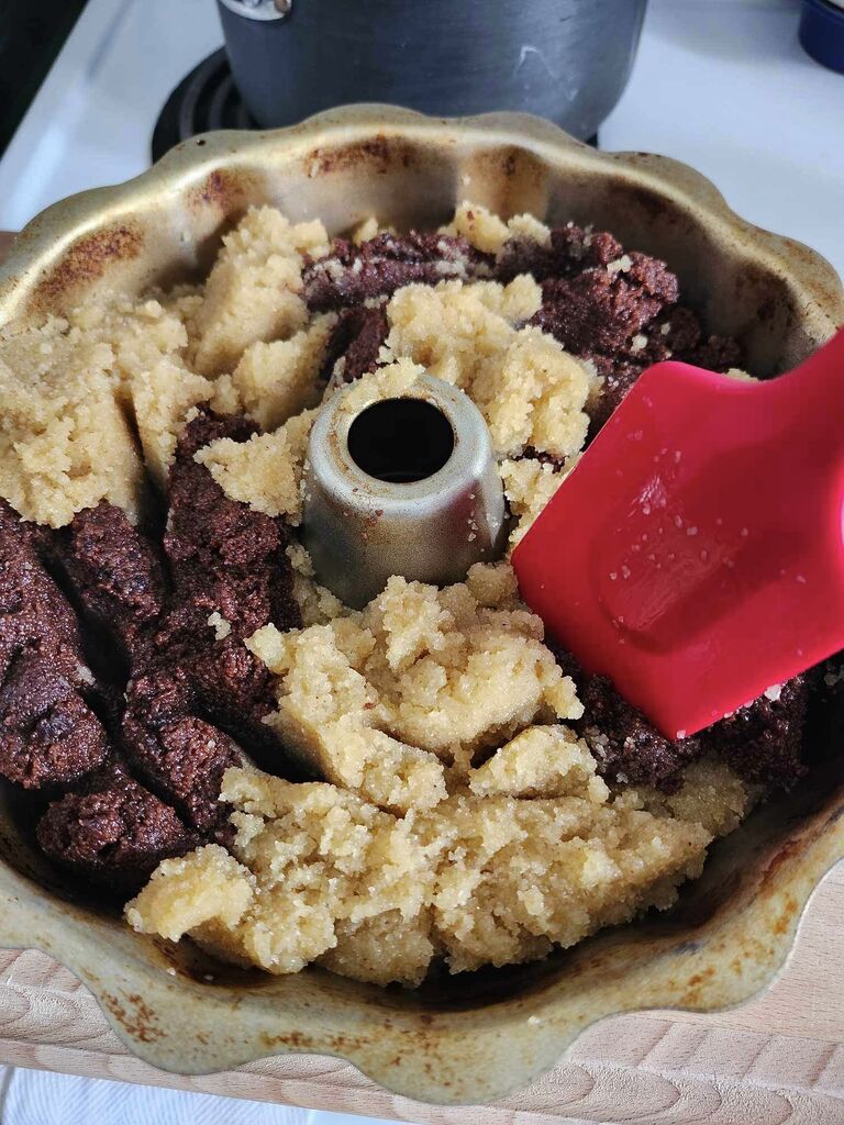 Combining the cocoa and halva in a bundt pan