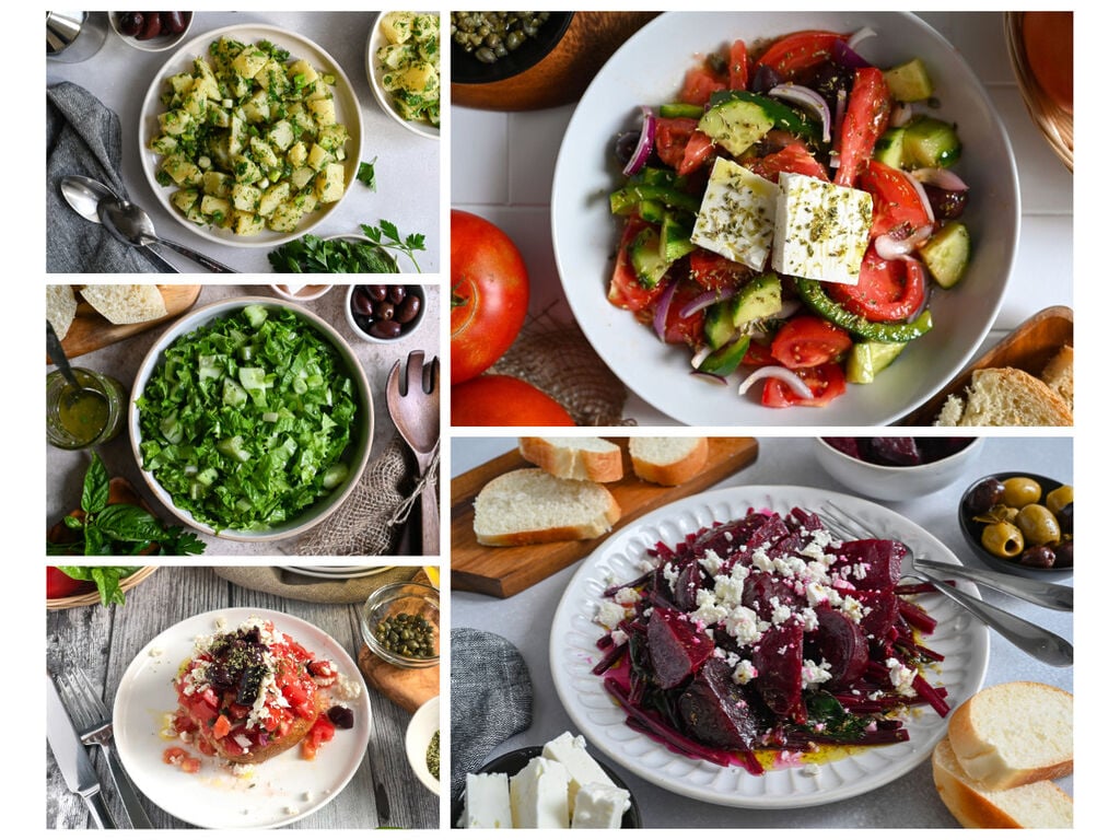 5 Traditional Greek salads, which include: Potato salad; Greek salad; Maroulosalata, Beet salad and Cretan Dakos.