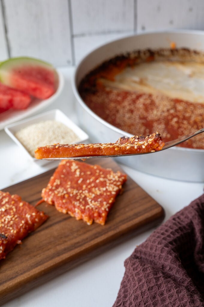 The karpouzopita cut into pieces, here we are showing a cut up piece close up.