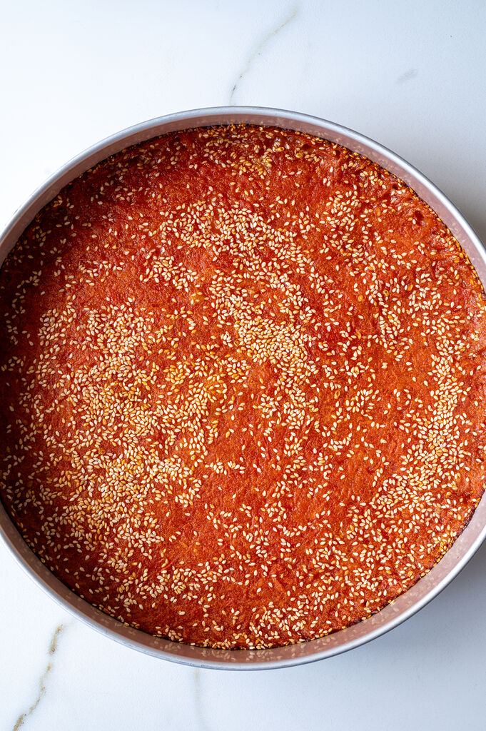 The baked Karpouzopita in a stainless steel baking pan.