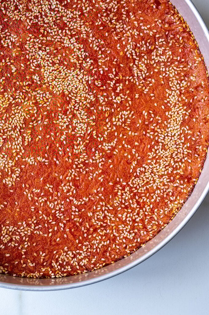 The baked Karpouzopita in a stainless steel baking pan.