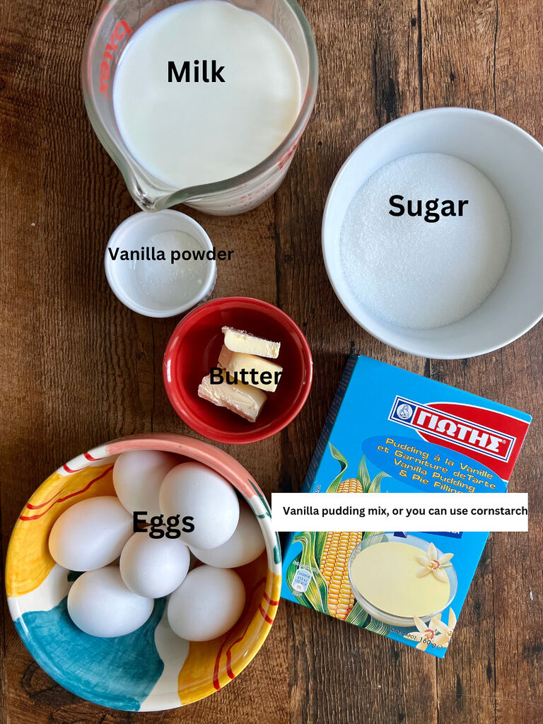 Ingredients for the custard for the Ekmek dessert, which include: milk, sugar, vanilla powder, butter, vanilla pudding mix and eggs