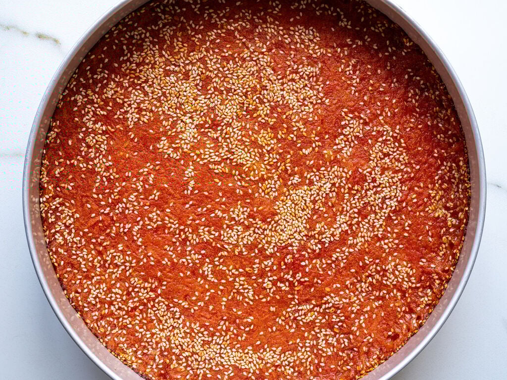 The baked Karpouzopita in a stainless steel baking pan.