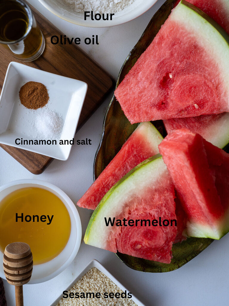 Ingredients for the Karpouzopita which included grated watermelon, salt, cinnamon, flour, olive oil, honey and sesame seeds