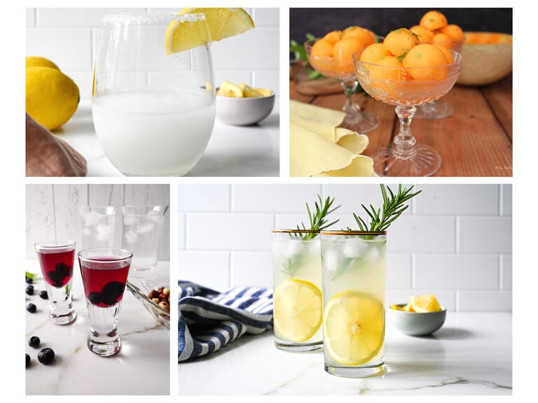 a Picture of 4 ouzo cocktails, which include Ouzo lemonade; ouzo cantaloupe slushy, ouzo with blueberries, and ouzo lemonade slushy