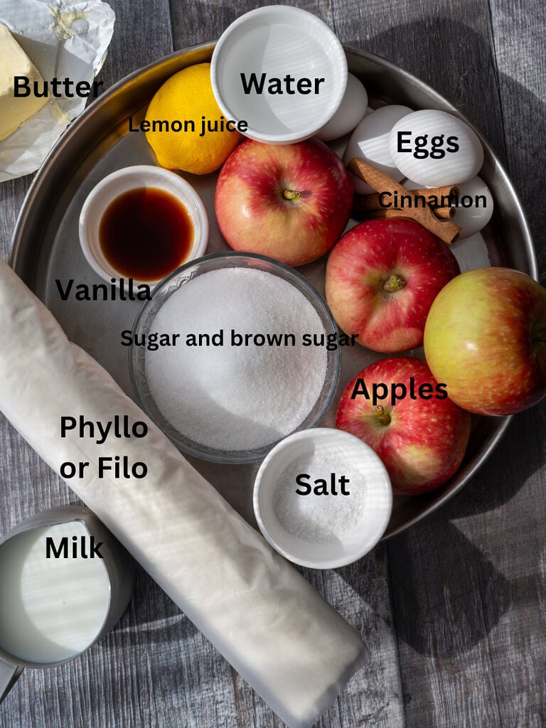 Ingredients for the apple pie flavoured soufra which include: apples, eggs, cinnamon, milk, water, butter, white sugar, brown sugar, salt, vanilla, lemon juice