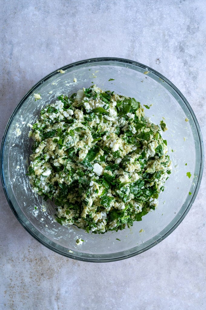 All of the ingredients including feta mixed together.