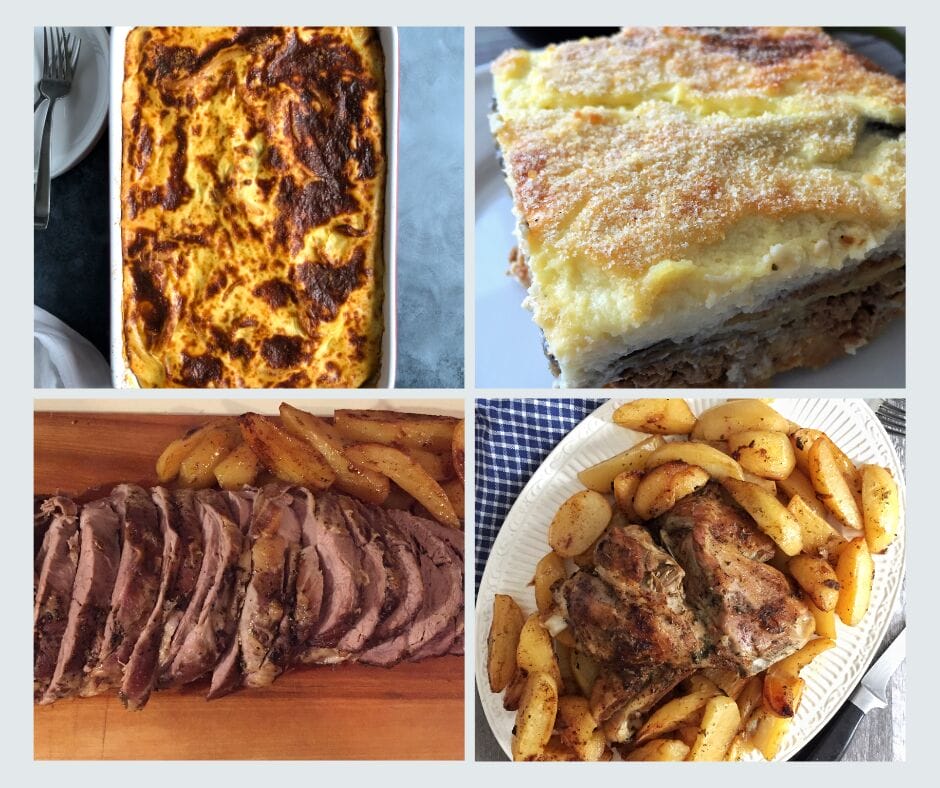 Best Greek holiday meals, as shown: Pastitsio, Moussaka, Veal roast and potatoes, and roasted lamb with potatoes