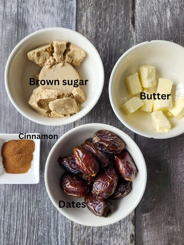 Ingredients that include brown sugar, butter, cinnamon and dates