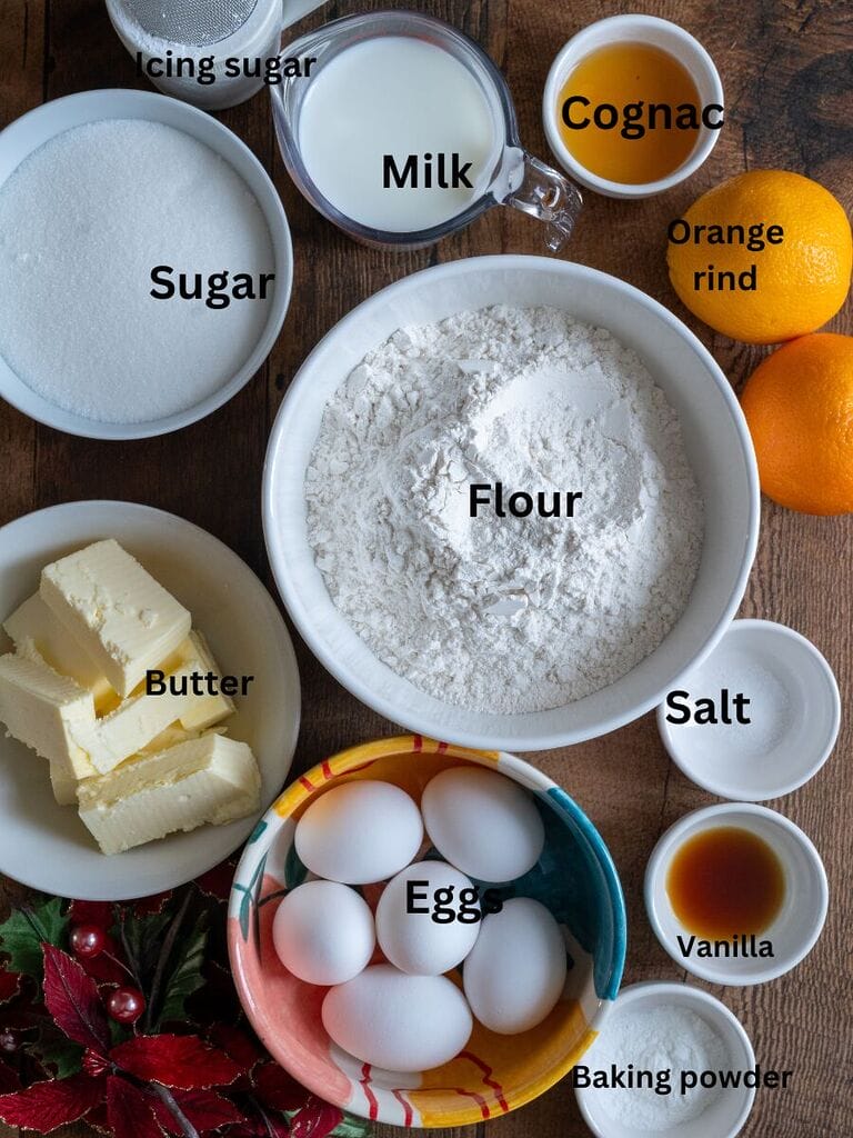 Ingredients for Vasilopita which include: flour, milk, sugar, baking powder, salt, cognac, eggs, butter, vanilla, orange rind.