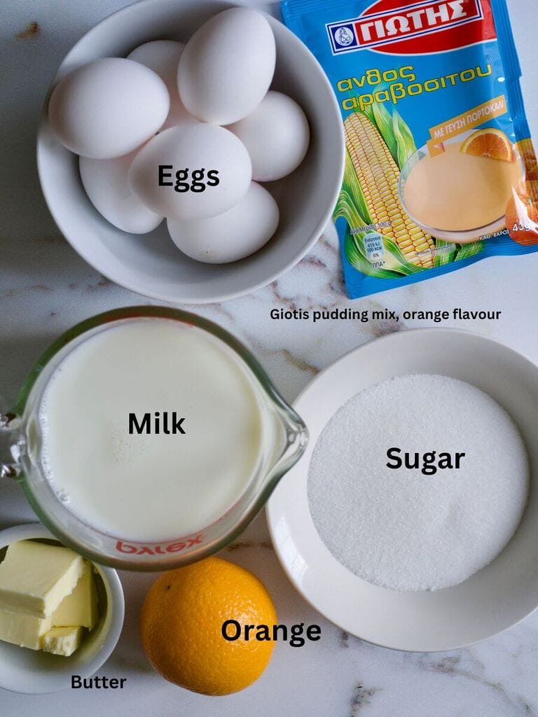 Ingredients for the custard which include a pudding mix, eggs, milk, butter, orange and sugar.