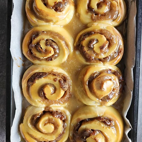 Sticky toffee cinnamon buns with dates baked and ready to enjoy.