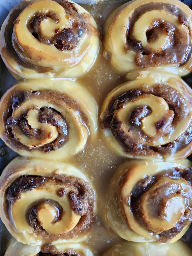 Sticky toffee cinnamon buns with dates baked and ready to enjoy.