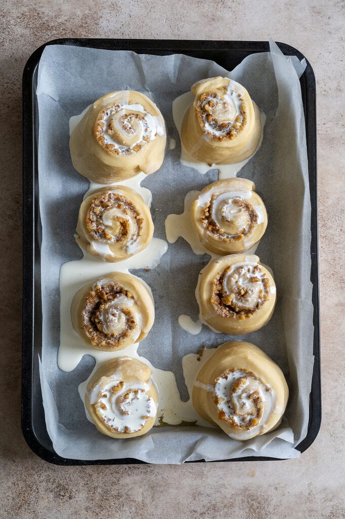 The baklava cinnamon rolls pictured in the baking pan.