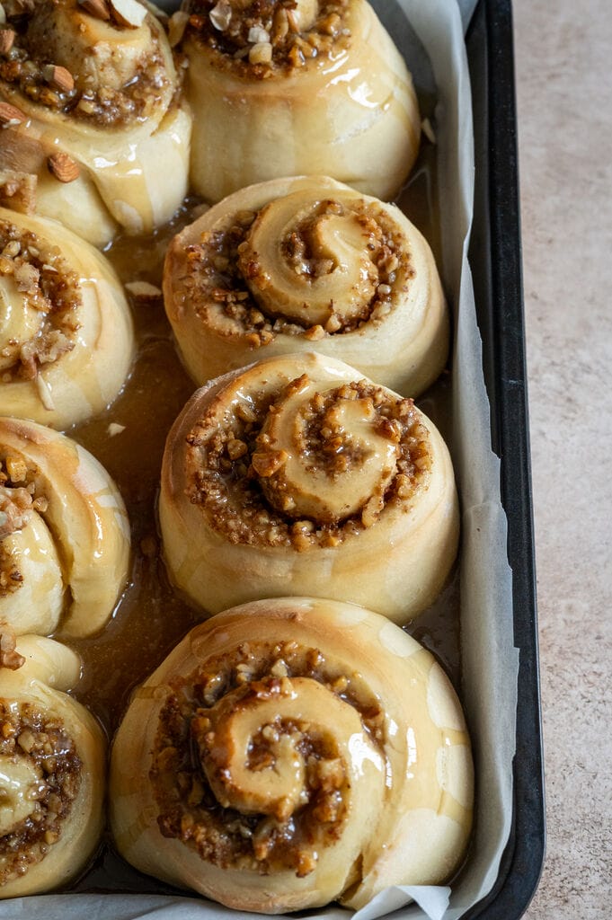 The baklava cinnamon rolls pictured in the baking pan.