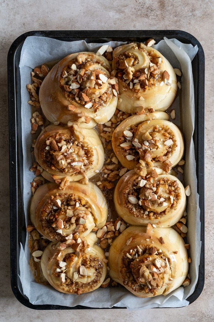 The baklava cinnamon rolls pictured in the baking pan.