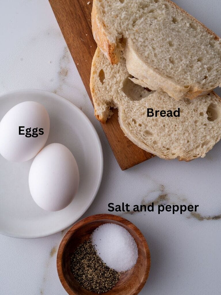 Ingredients for the soft boiled egg which include eggs, bread, salt and pepper.