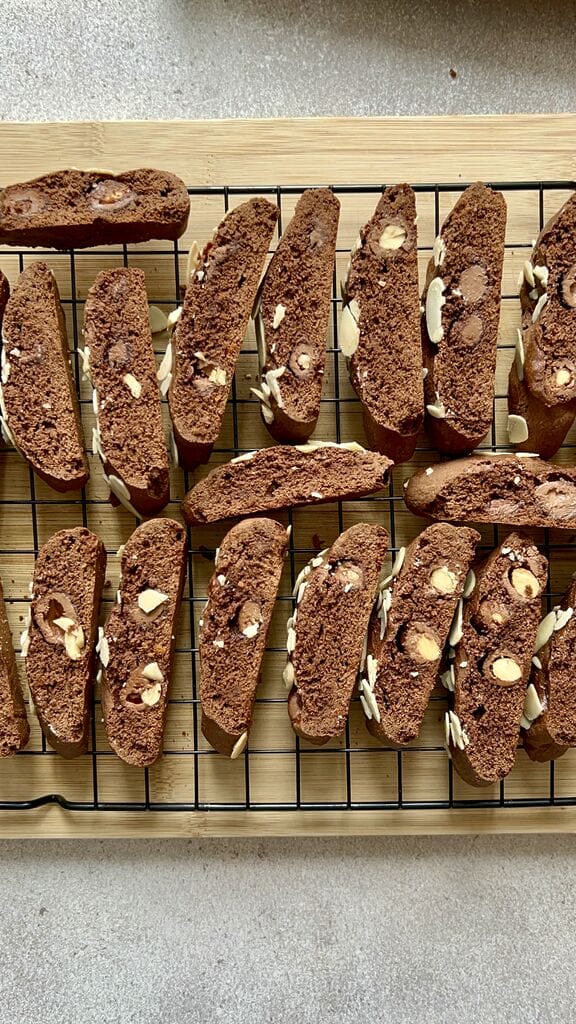 Easy Italian chocolate biscotti recipe being cooled on wire rack.