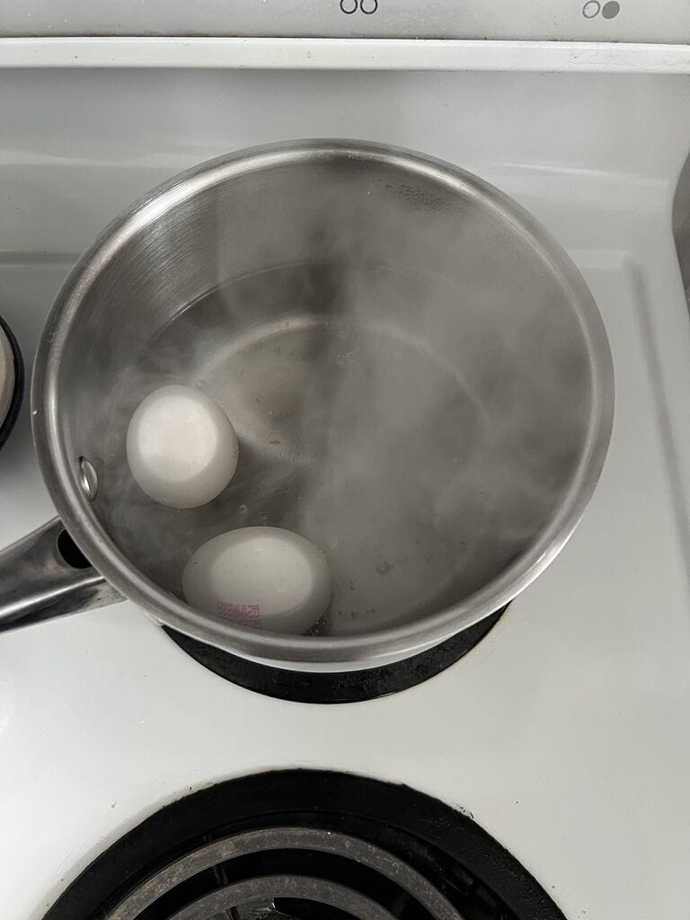 Boiling eggs in a stainless steel pot.