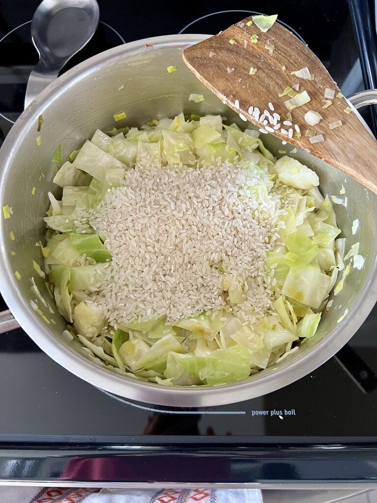 Adding the rice on top of the cabbage in a stainless steel pot.