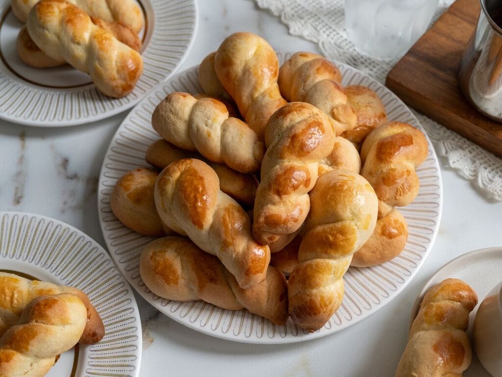 Koulourakia, a Greek cookie. Plated on a white platter with a gold trim.