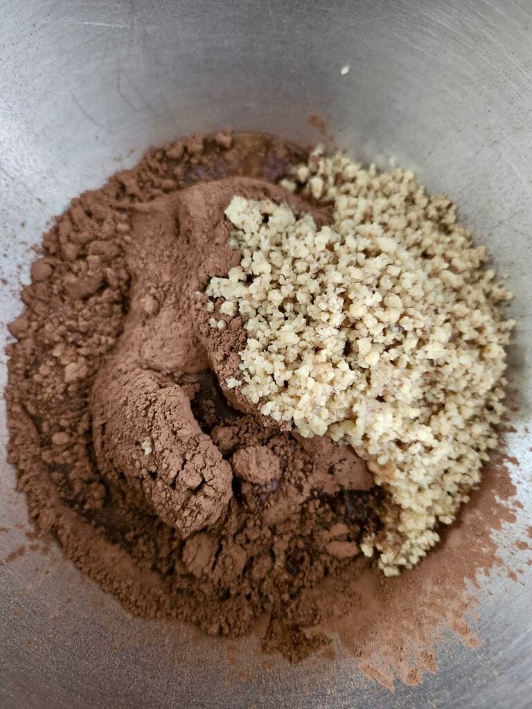 mixing the dough for the chocolate.