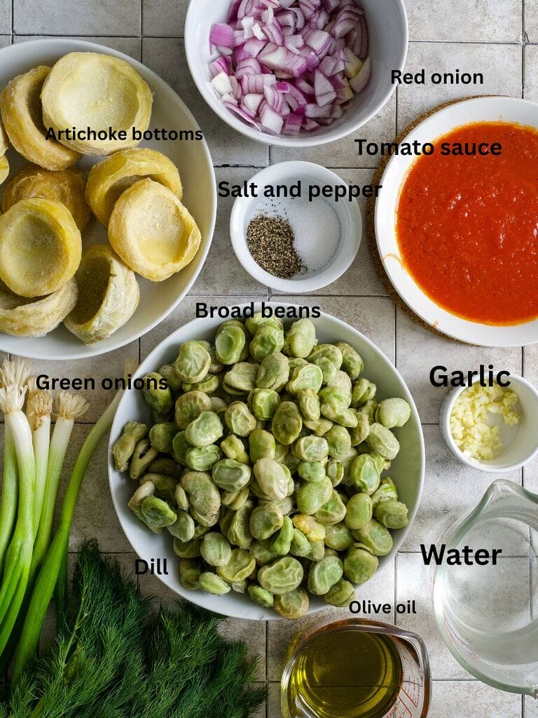 Ingredients for Greek artichokes with fava beans which include Artichoke bottoms, red onion, salt and pepper, tomato sauce, garlic, water, olive oil, green onions, dill and broad beans.