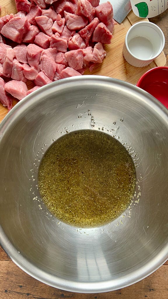 Making the marinade for the souvlaki.