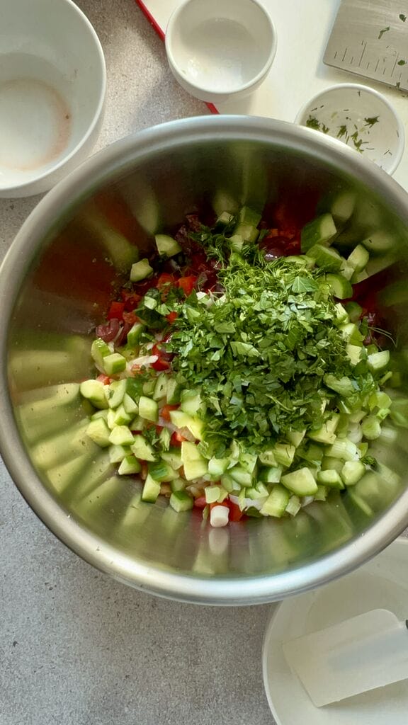 Combining the ingredients for the salad