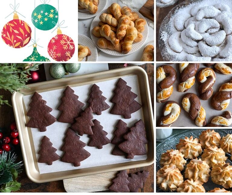 Pictures of some of our favourite Christmas cookies which include: Koulourakia, kourabiedes, koulourakia with a chocolate twist, molasses cookies and amygdalota.