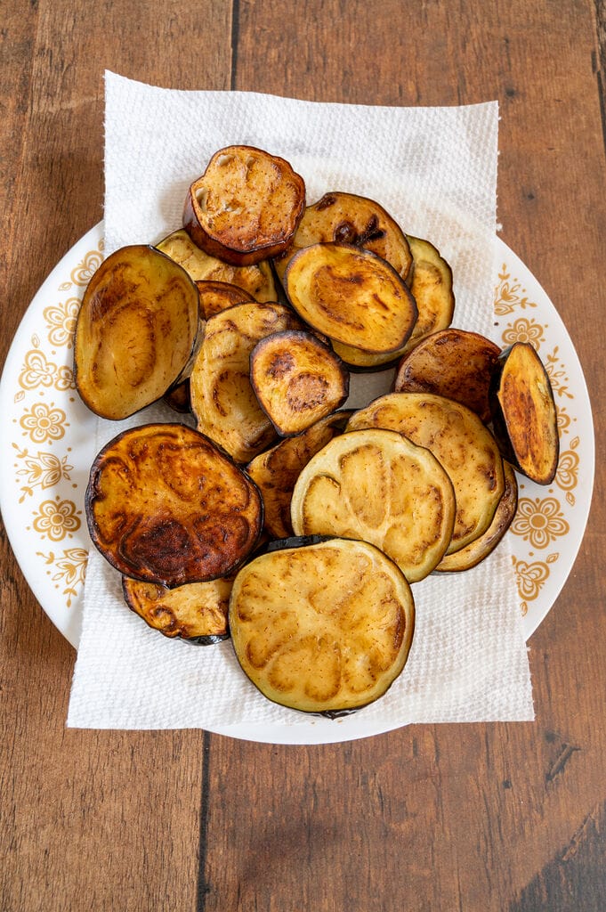 The fried eggplant pieces.