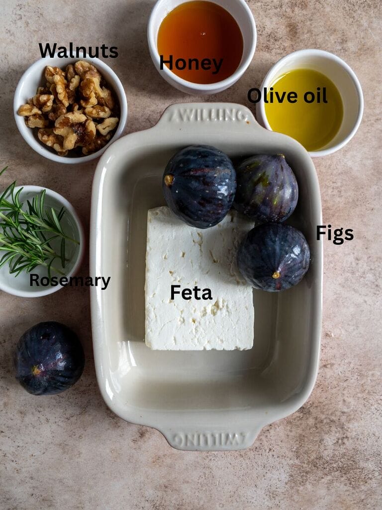 Ingredients include: Feta, fresh figs, honey, olive oil, walnuts, rosemary
