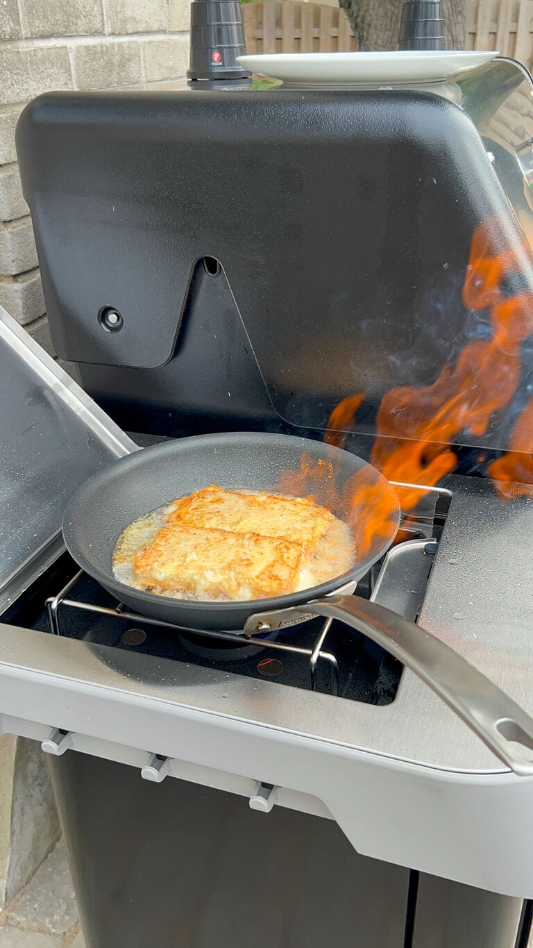 Flaming Greek cheese saganaki, flambeed fried cheese - Mia Kouppa