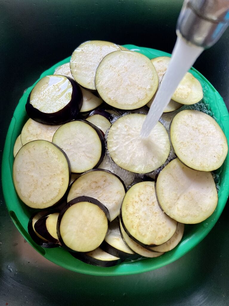 Soaking the eggplant.