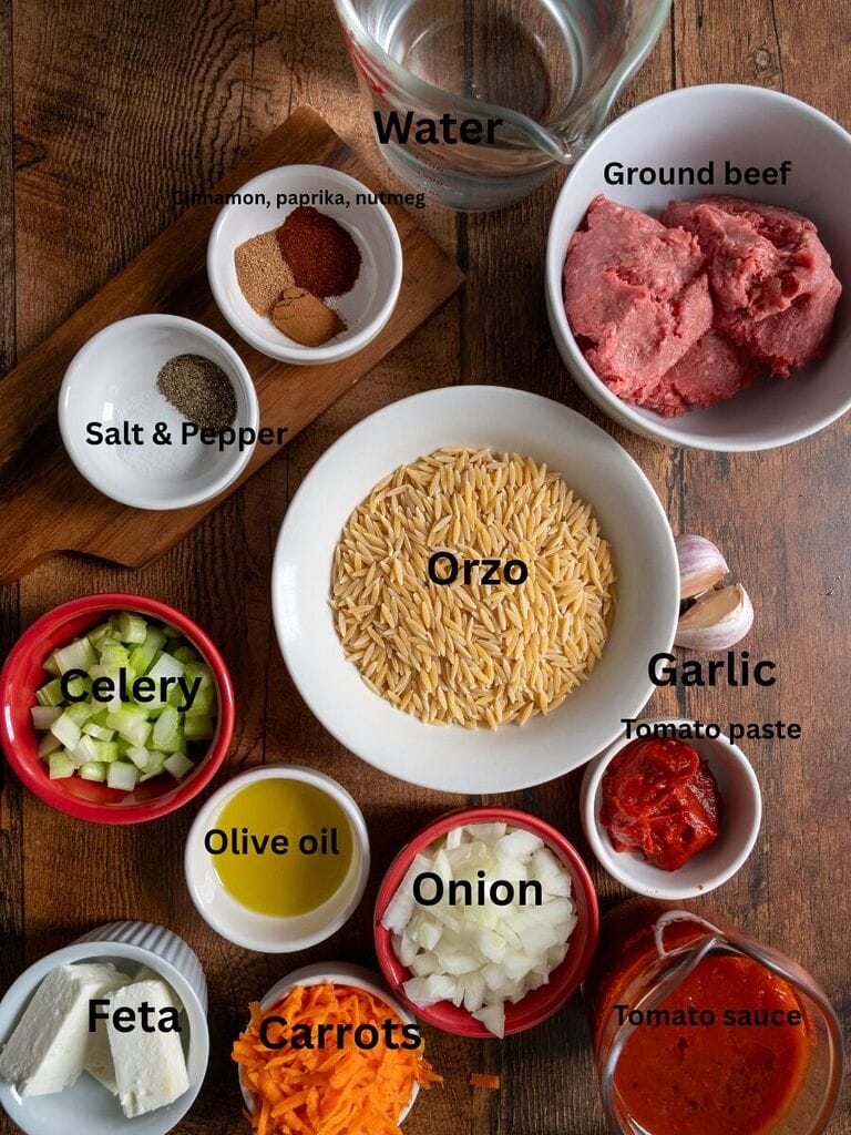 Ingredients which include: Ground beef, Orzo, Water, celery, carrots, onion, feta, tomato sauce, tomato paste, cinnamon, paprika and nutmeg, garlic