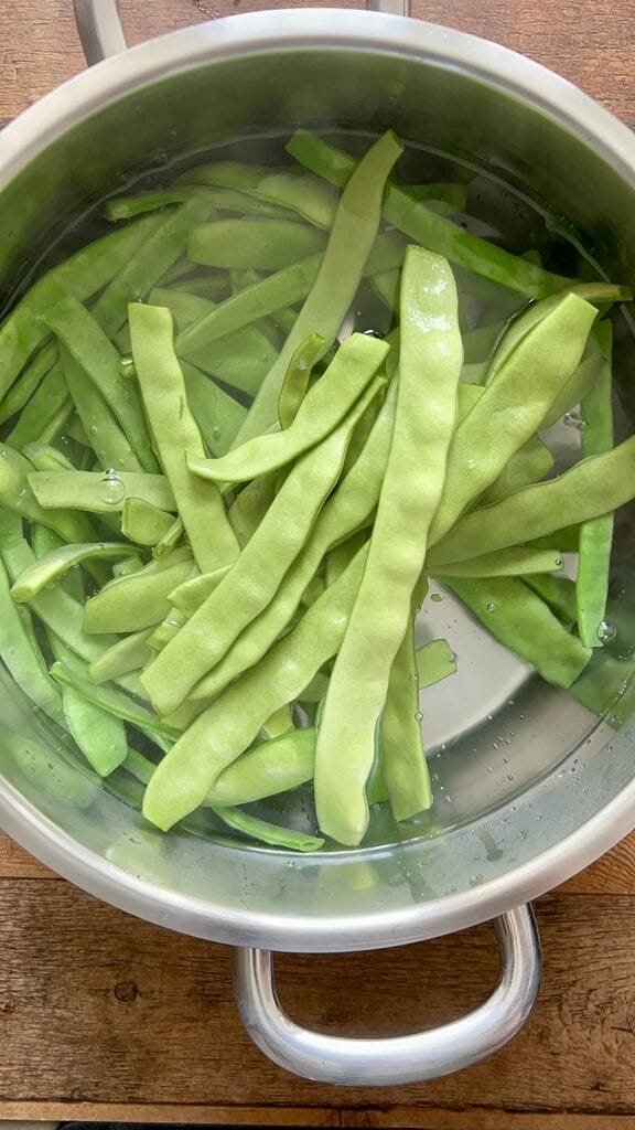 Blanching the green beans.