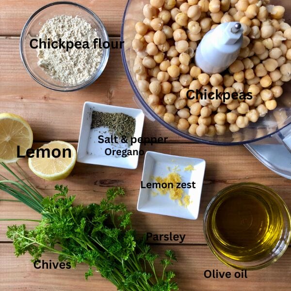 Ingredients include: Chickpeas, Chickpea flour, salt, pepper, oregano, lemon, lemon zest, chives, parsley, and olive oil