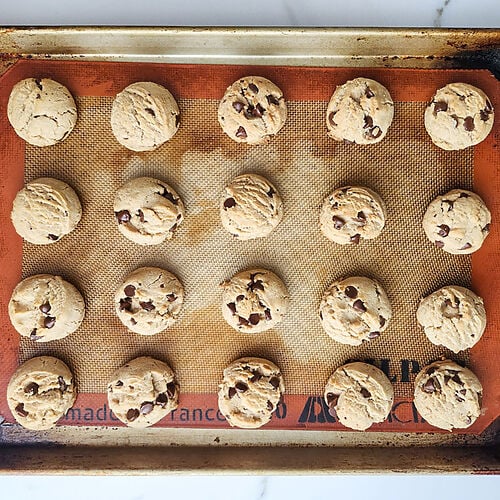 Lenten chocolate chip cookies on baking sheet.