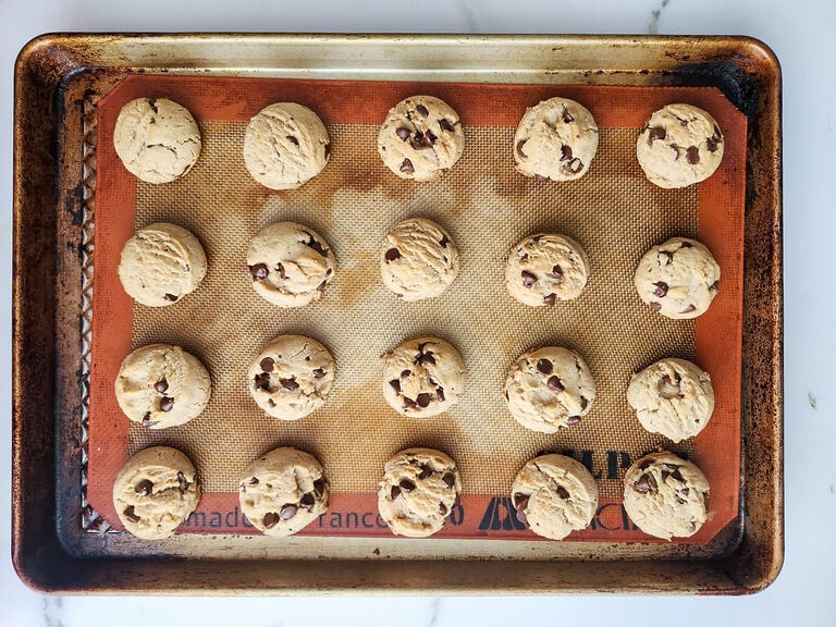 Lenten chocolate chip cookies on baking sheet.