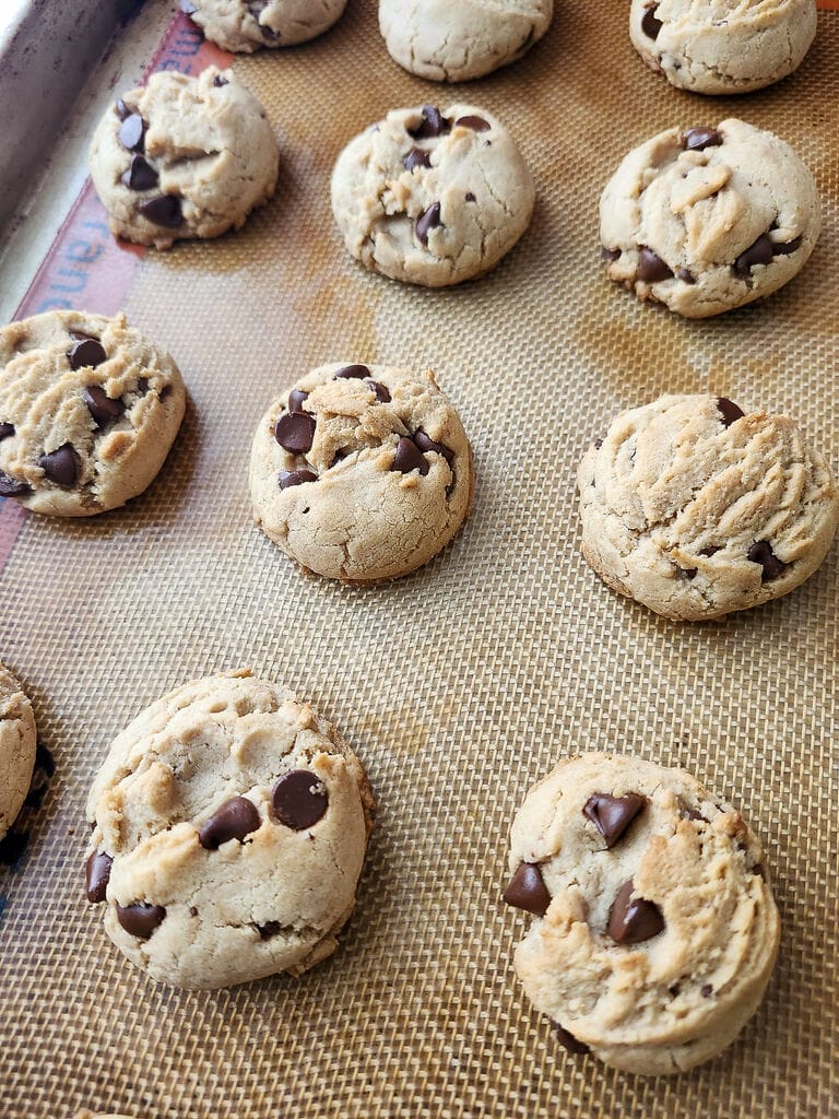 Lenten chocolate chip cookies on baking sheet.