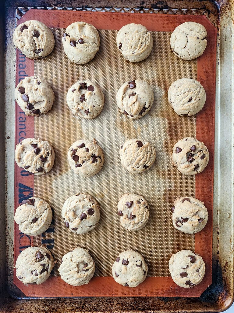 Lenten chocolate chip cookies on baking sheet.