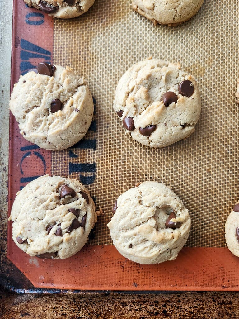 Lenten chocolate chip cookies on baking sheet.
